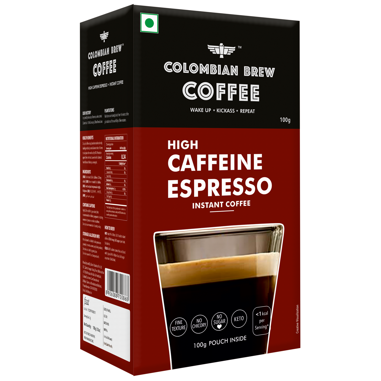 High Caffeine Espresso Instant Coffee Powder, Strong, 100g 