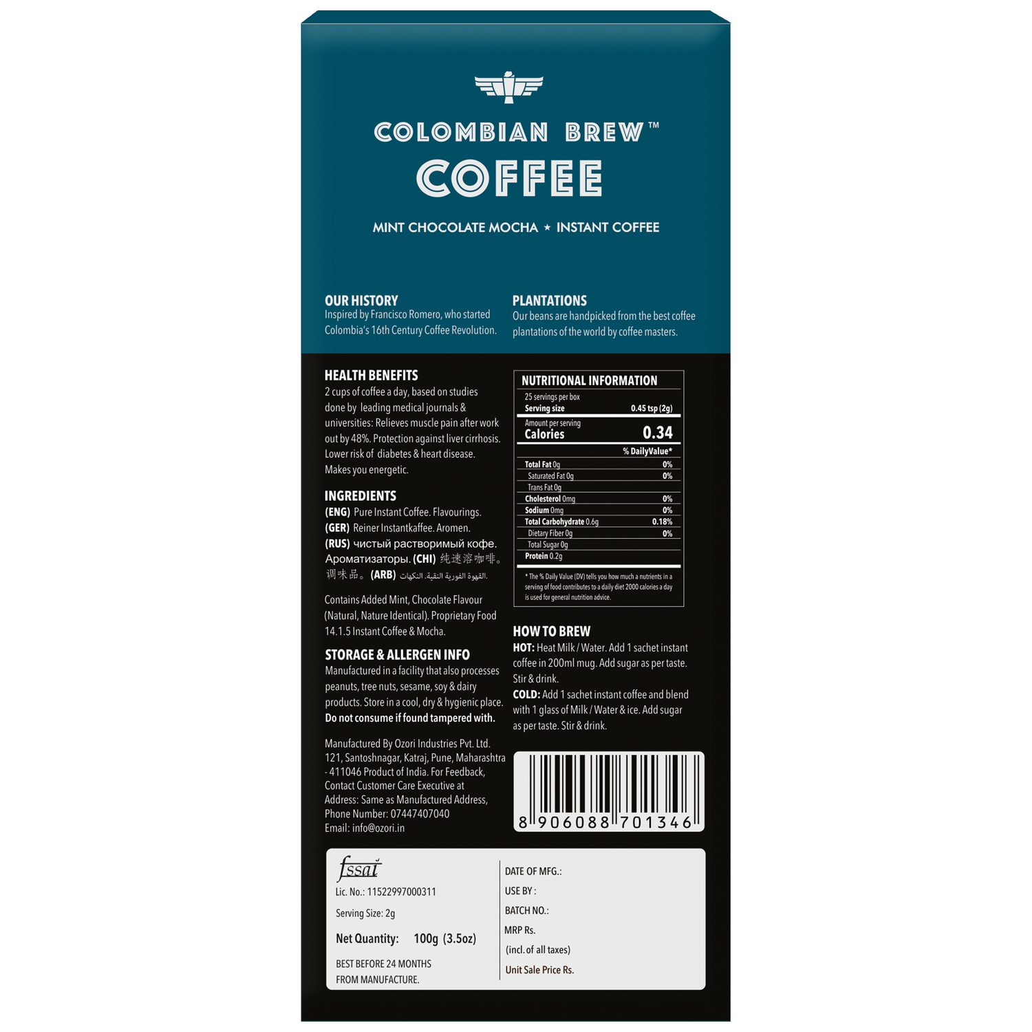 Mint Chocolate Mocha Instant Coffee Powder, No Sugar Vegan, 100g 