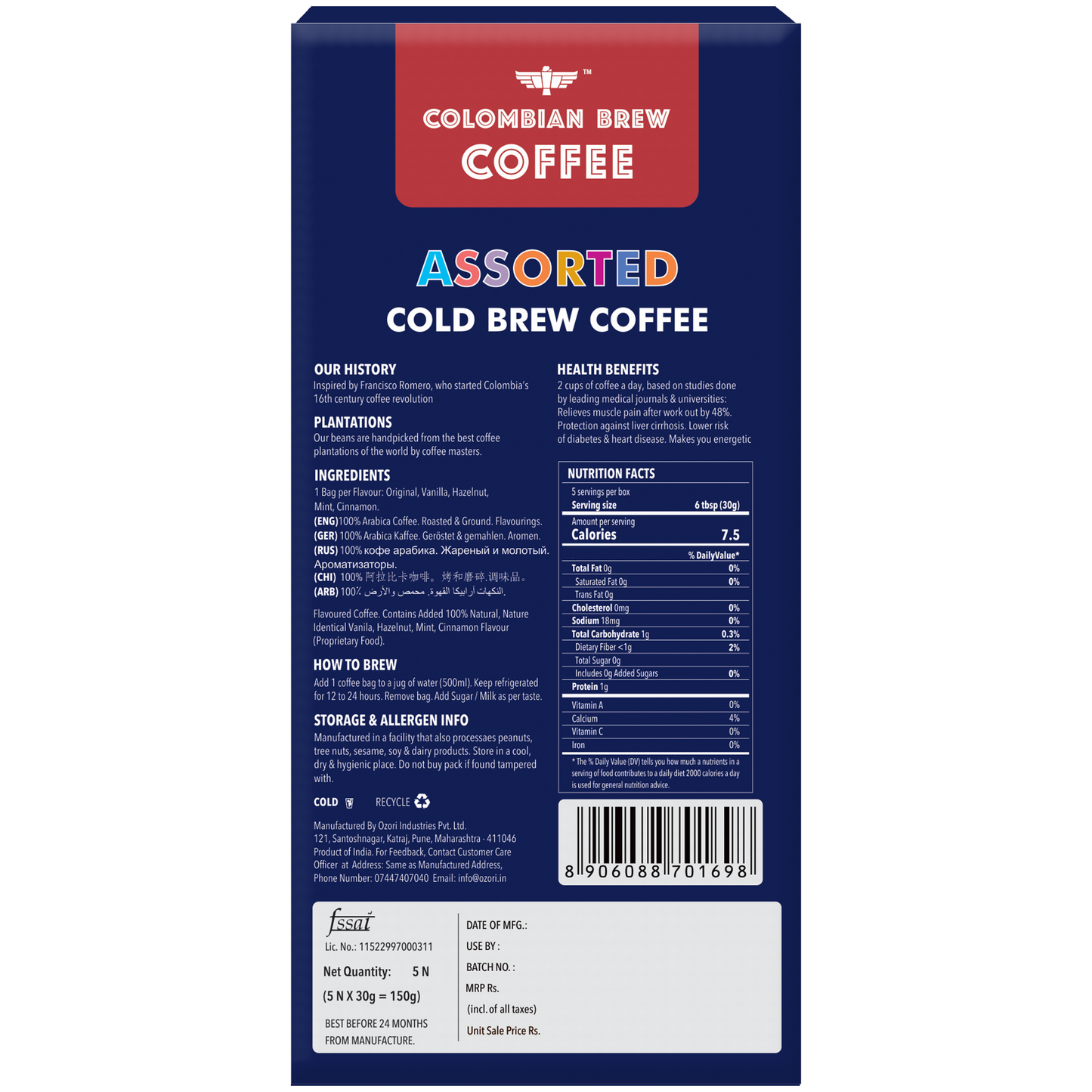 Coffee Arabica Assorted Cold Brew Original, Vanilla, Hazelnut, Mint, Cinnamon, 5 Brew Bags, 20 Cups 