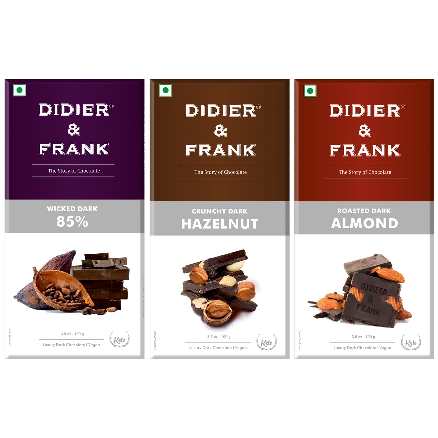 85% Dark 100g, Hazelnut Dark 100g, Almond Dark 100g, Pack of 3 (Chocolate Gift Pack) 