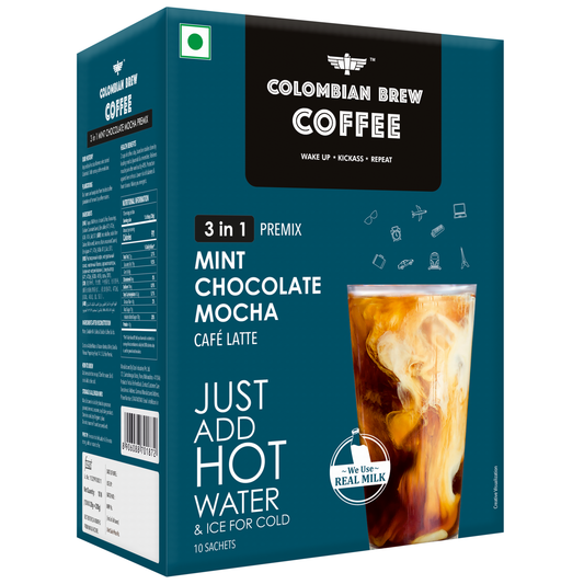 Colombian Brew Mint Chocolate Mocha Café Latte, Instant Coffee Powder Premix (3 in 1), 10 Sachets Box 
