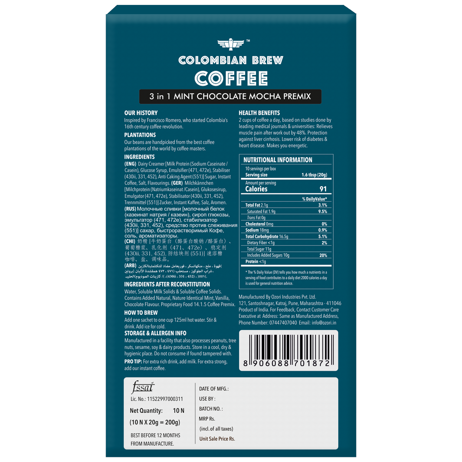 Colombian Brew Mint Chocolate Mocha Café Latte, Instant Coffee Powder Premix (3 in 1), 10 Sachets Box 