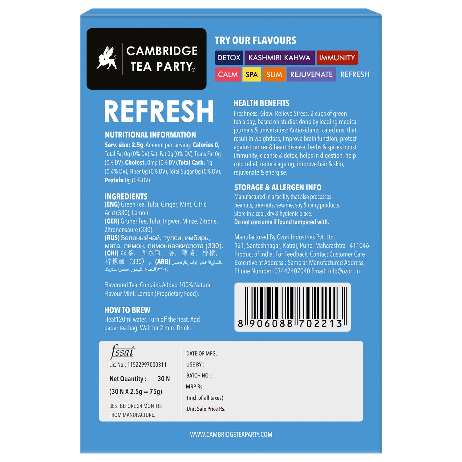 Refresh 30 Tea Bags, Lemon Ginger Mint Tulsi Green Tea 