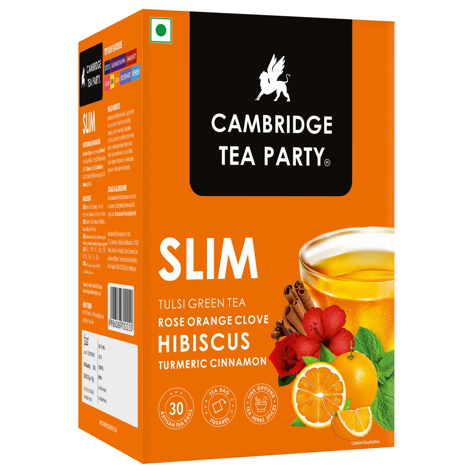 Slim 30 Tea Bags, Hibiscus Clove Orange Rose Turmeric Cinnamon Tulsi Green Tea 