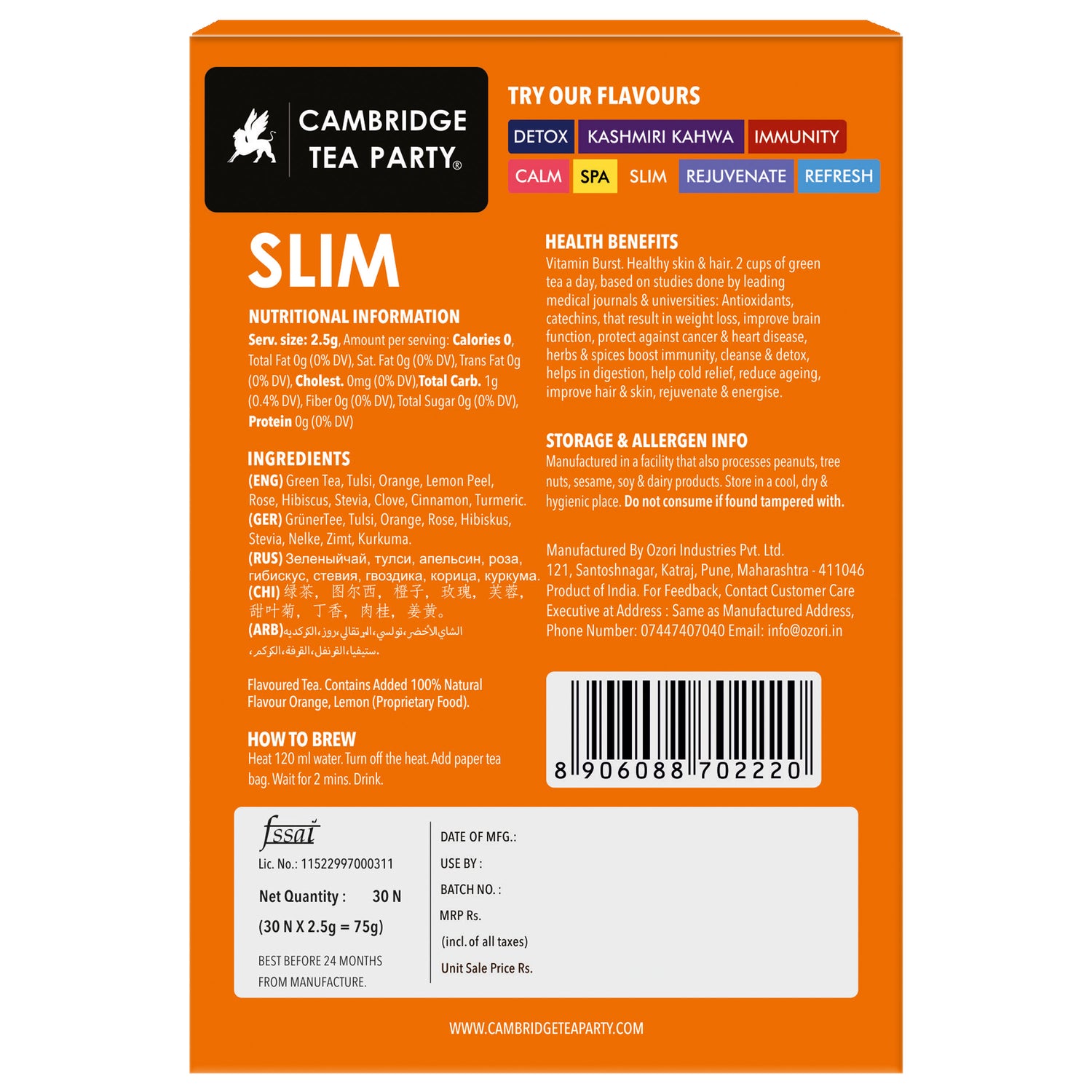 Slim 30 Tea Bags, Hibiscus Clove Orange Rose Turmeric Cinnamon Tulsi Green Tea 