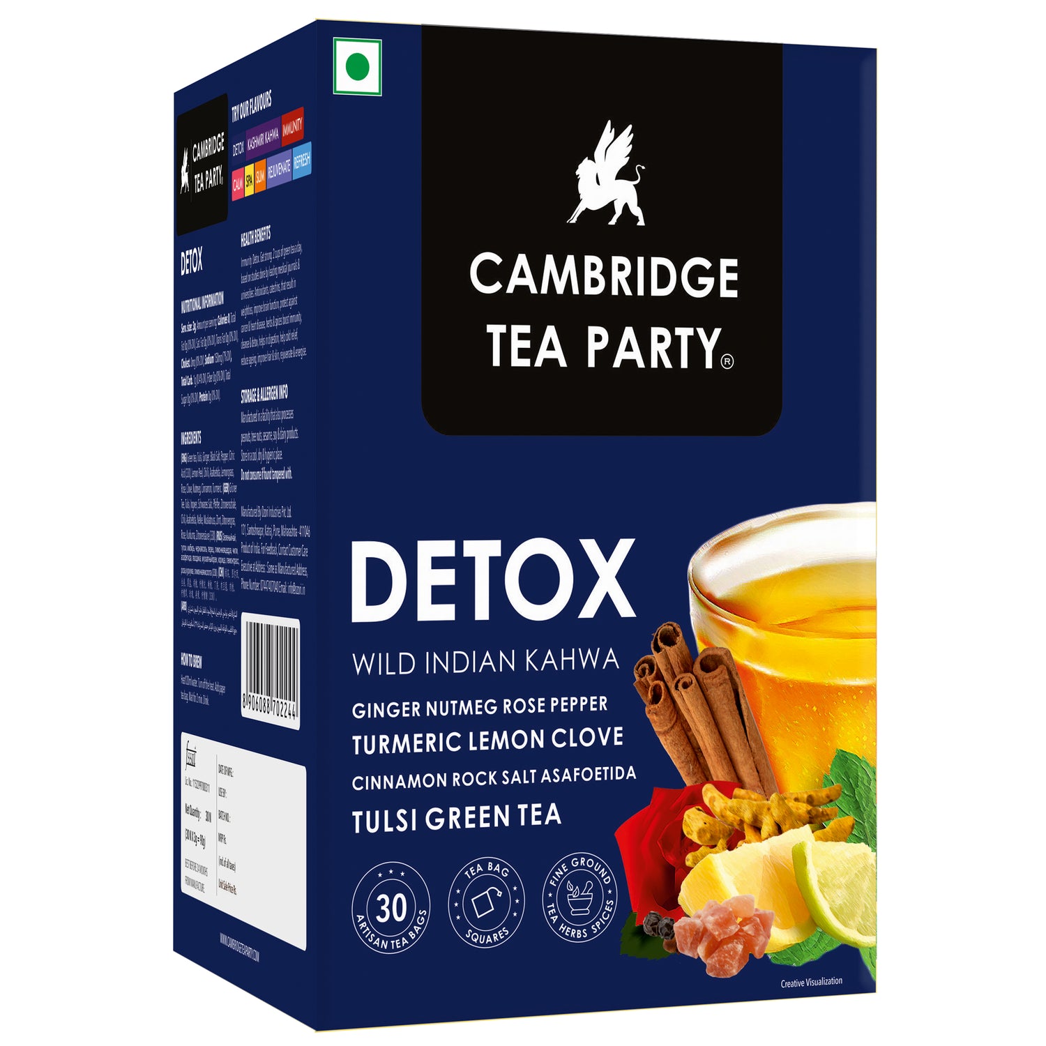 Detox 30 Tea Bags, Wild Indian Kahwa, Turmeric Ginger Rose Lemon Clove Rock Salt Tulsi Green Tea 