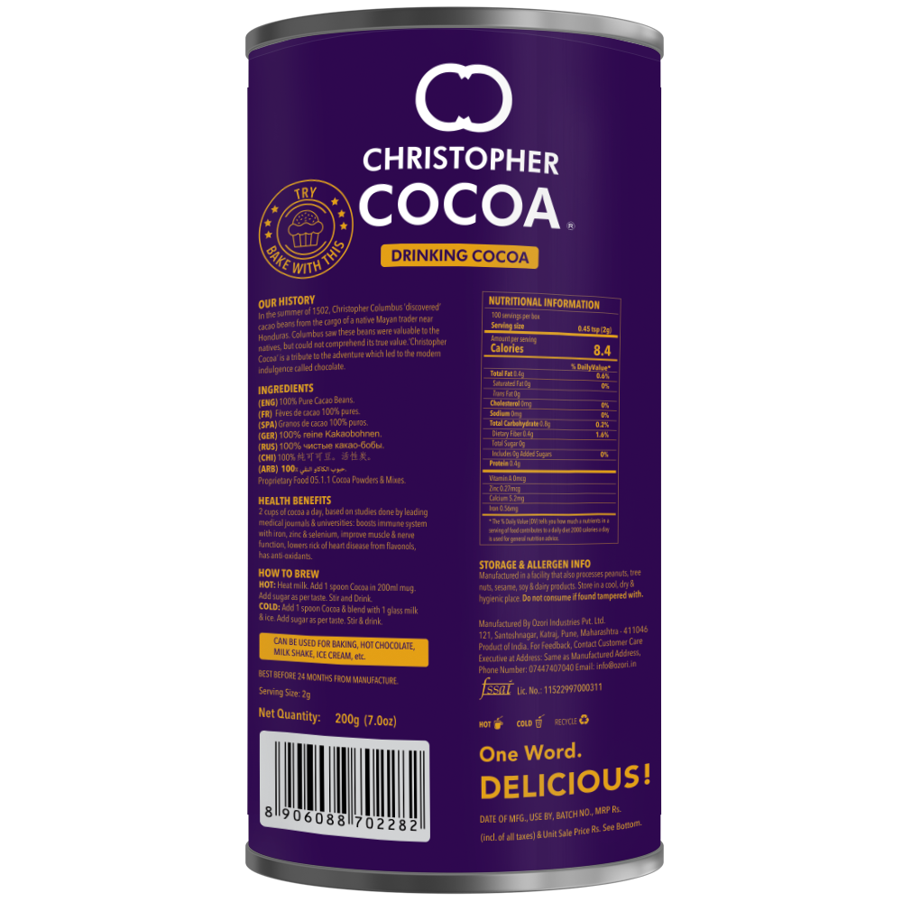 Drinking Chocolate Cocoa Powder, Dark No Sugar, 200g 