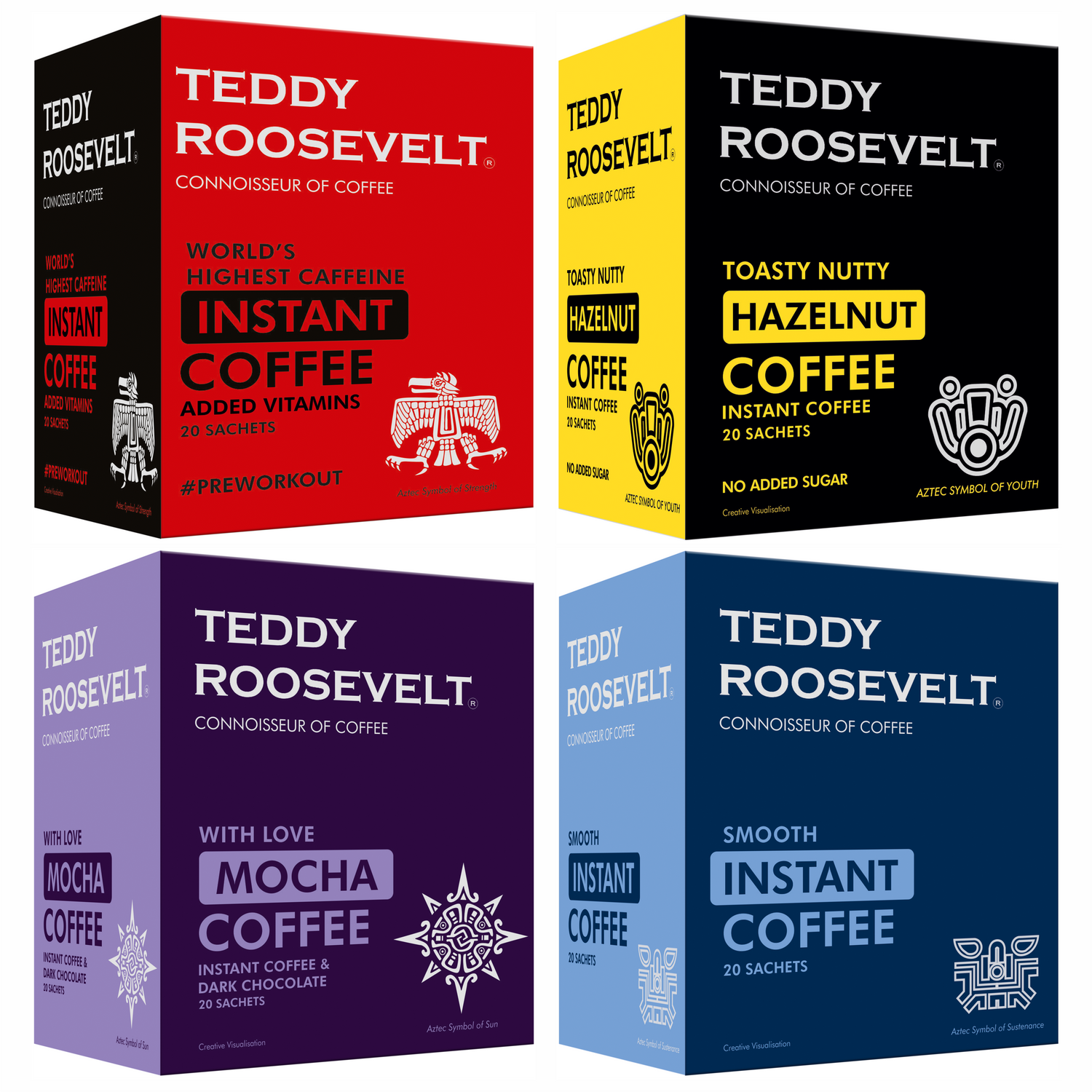 Teddy Roosevelt Combo Gift Pack  Hazelnut, Dark Chocolate Mocha, High Caffeine, Smooth Instant Coffee Powder, 50g Each| 200g 