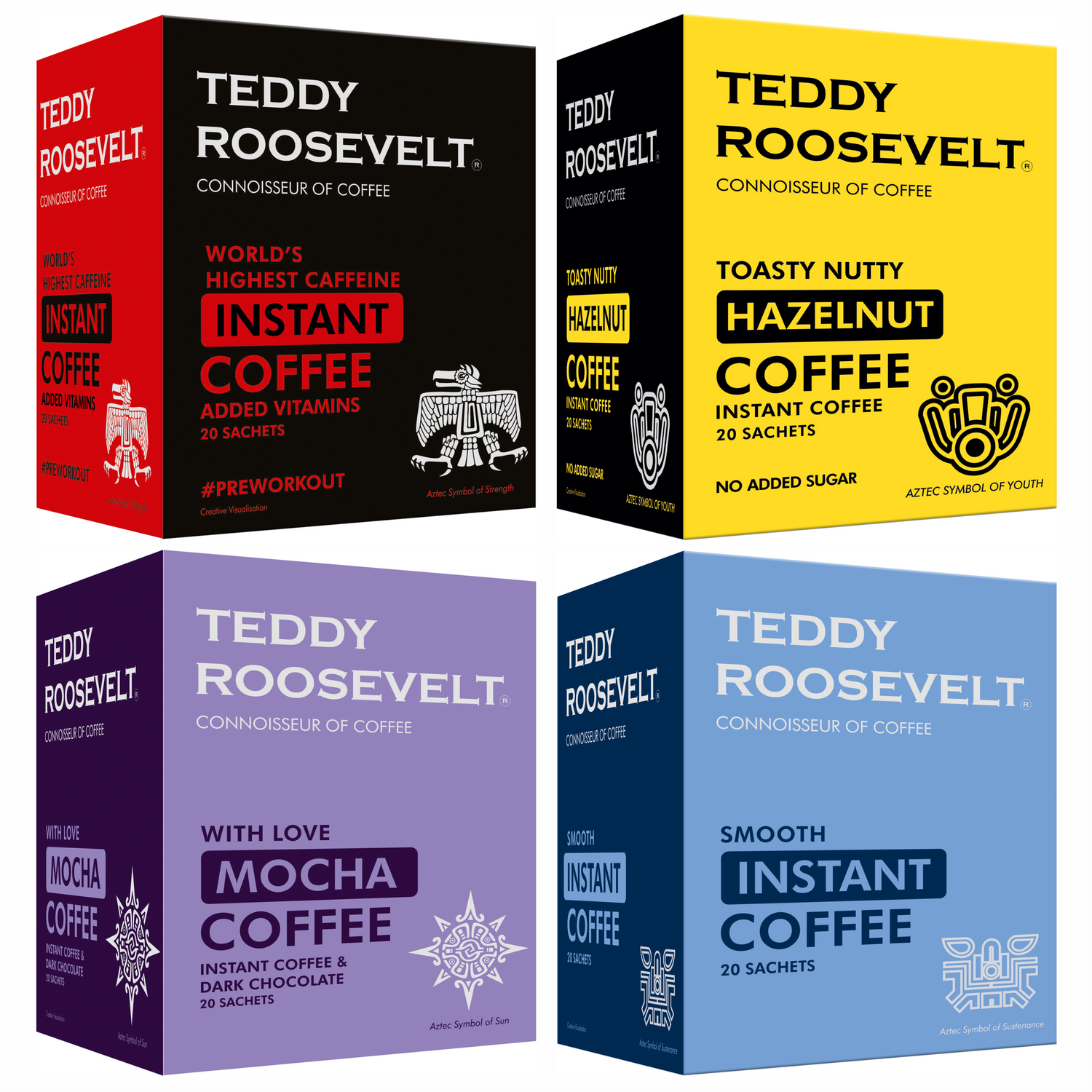 Teddy Roosevelt Combo Gift Pack  Hazelnut, Dark Chocolate Mocha, High Caffeine, Smooth Instant Coffee Powder, 50g Each| 200g 