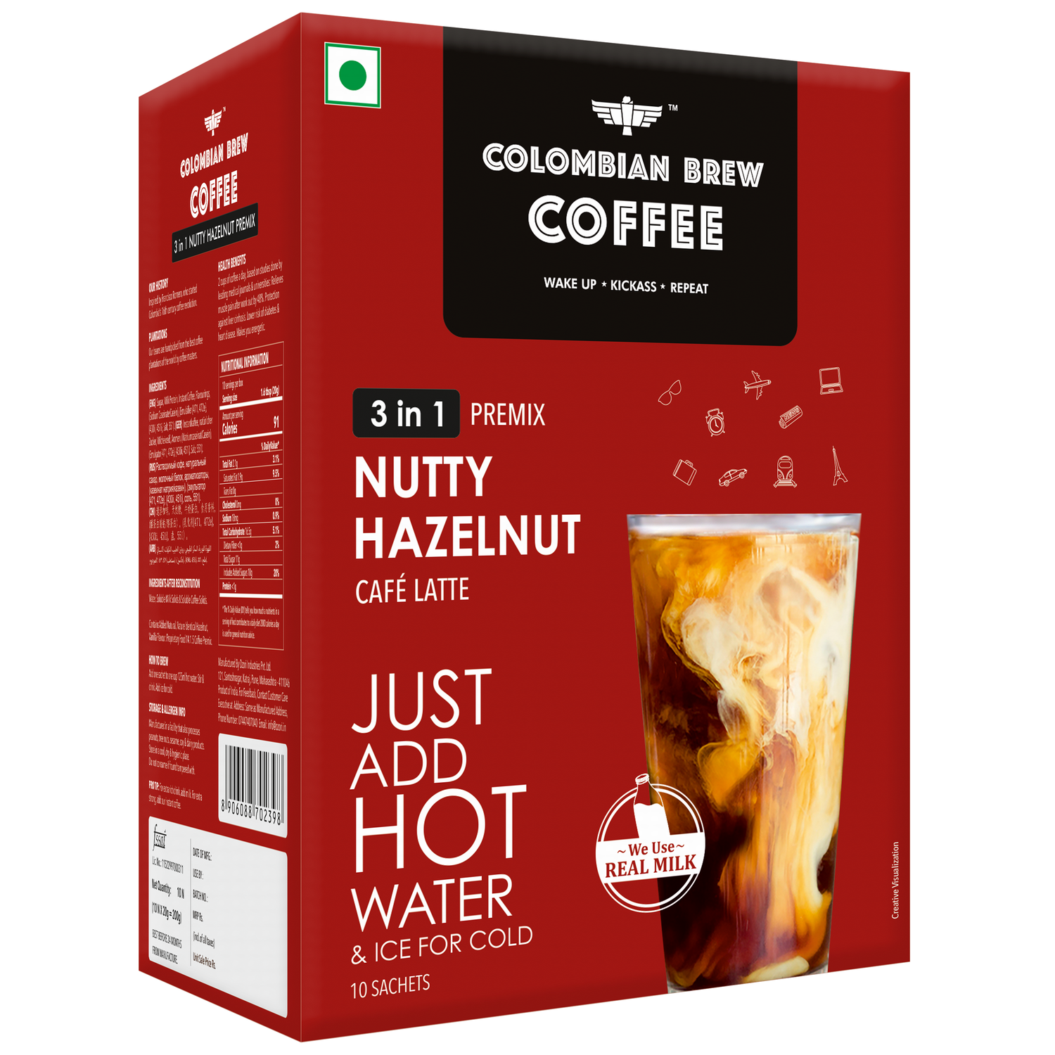 Hazelnut Café Latte, Instant Coffee Powder Premix (3 in 1), 10 Sachets Box 
