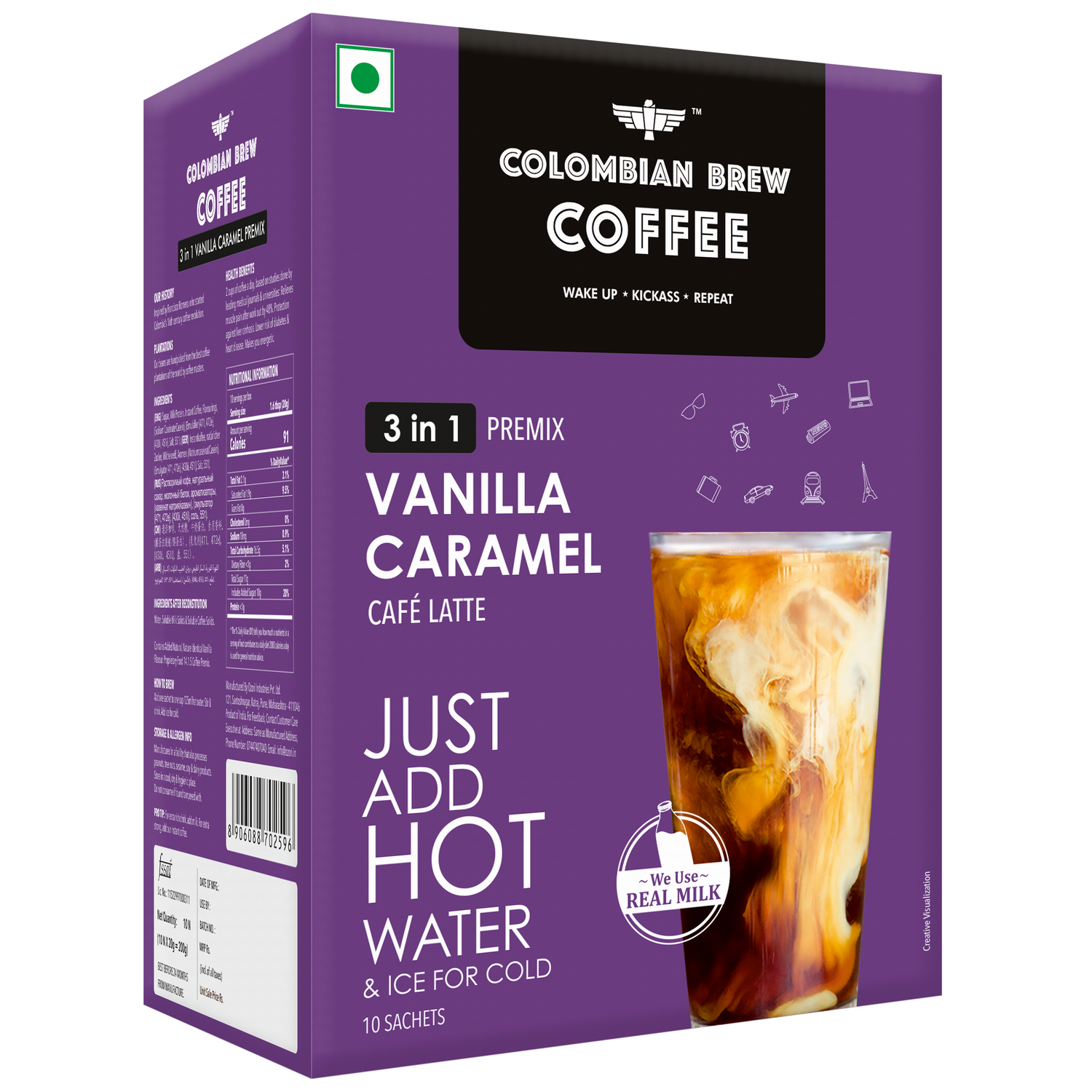 Vanilla Caramel Café Latte, Instant Coffee Powder Premix (3 in 1), 10 Sachets Box 