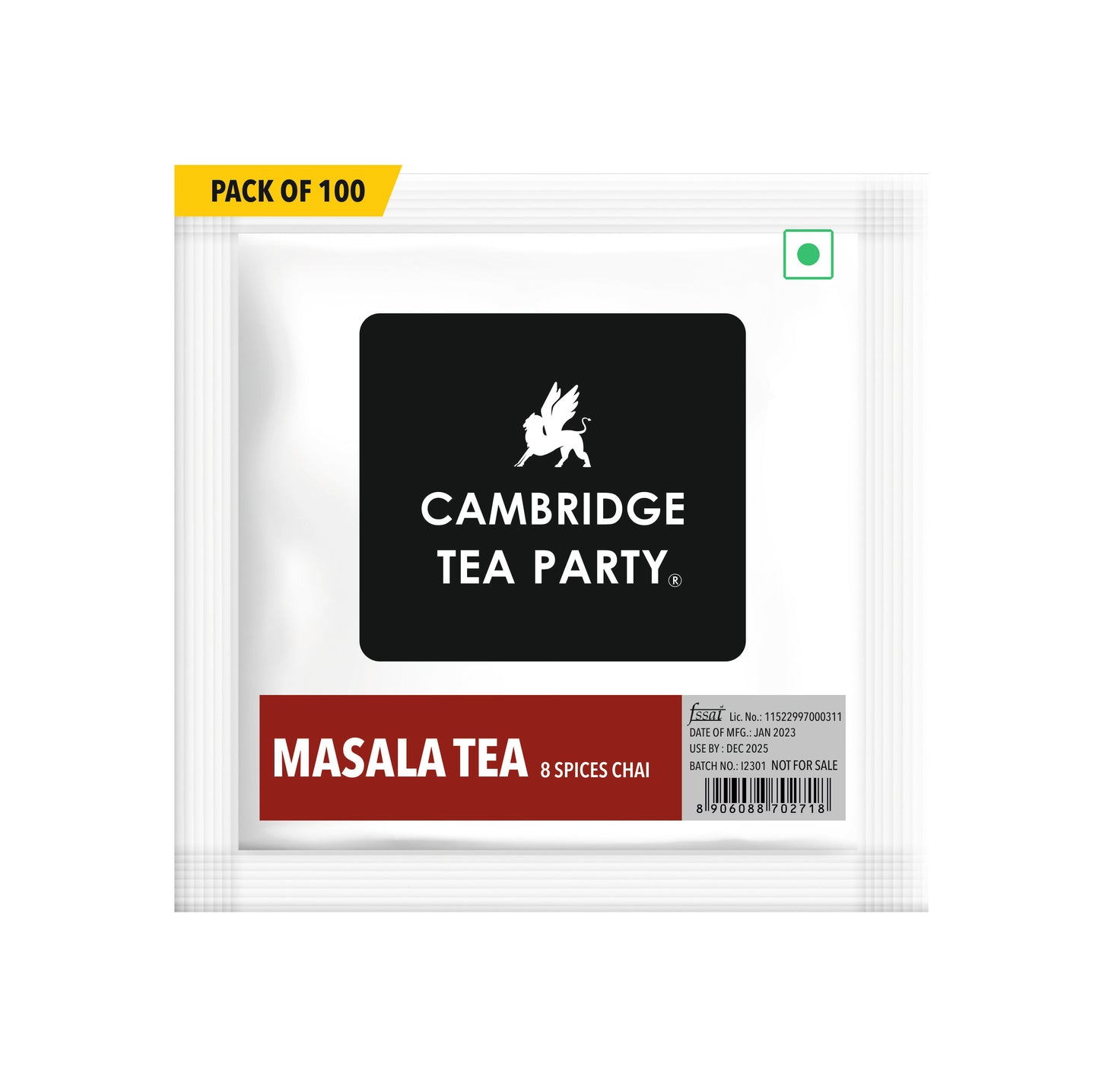 Cambridge Tea Party, Masala Tea 100 Tea Bags, 8 Spices Chai, Bulk Pack 