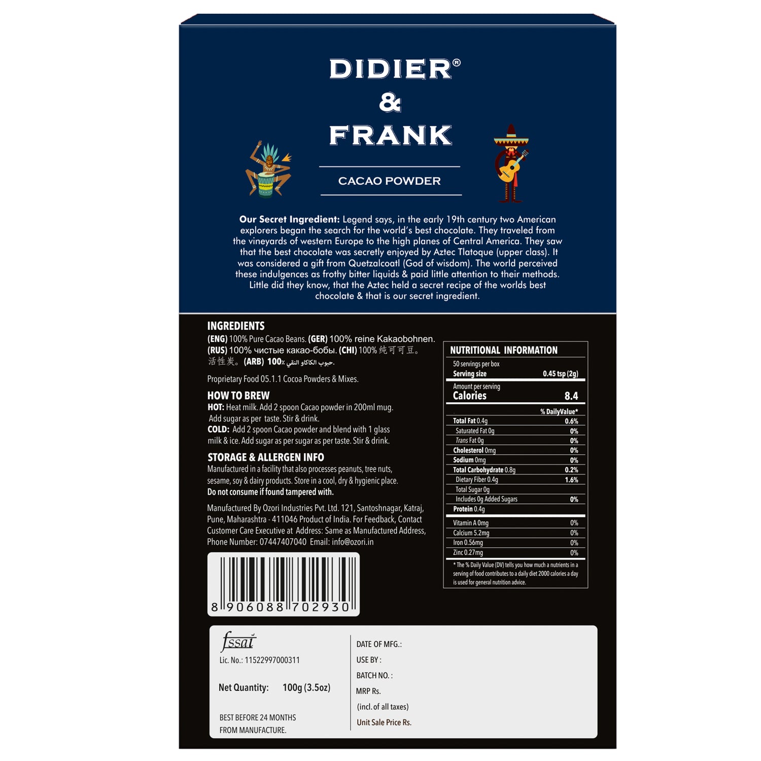 Pure Cacao Powder, Unsweetened, Special Dark, Vegan, 100g (Use for Cake, Baking, Hot Chocolate, Milkshake) 