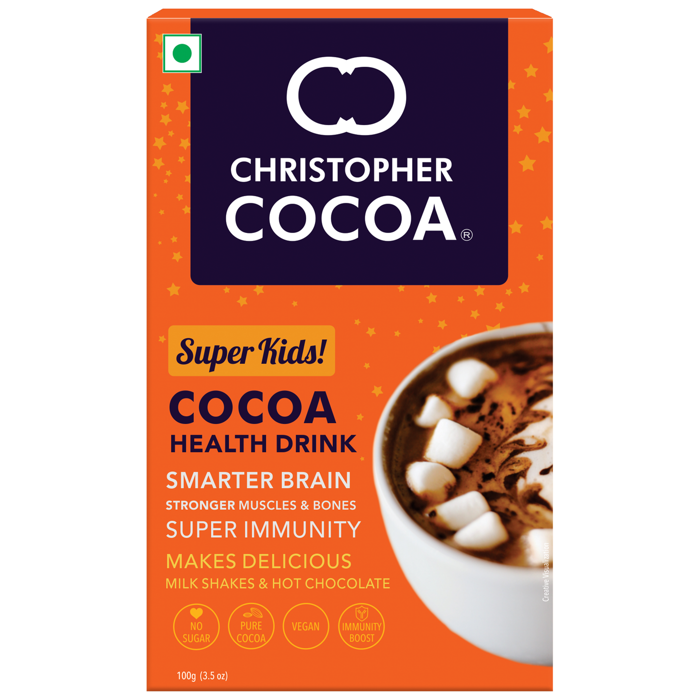 Super Kids Cocoa Powder Health and Nutrition Drink, No Sugar Vegan, 100g (For Kids and Adults) 