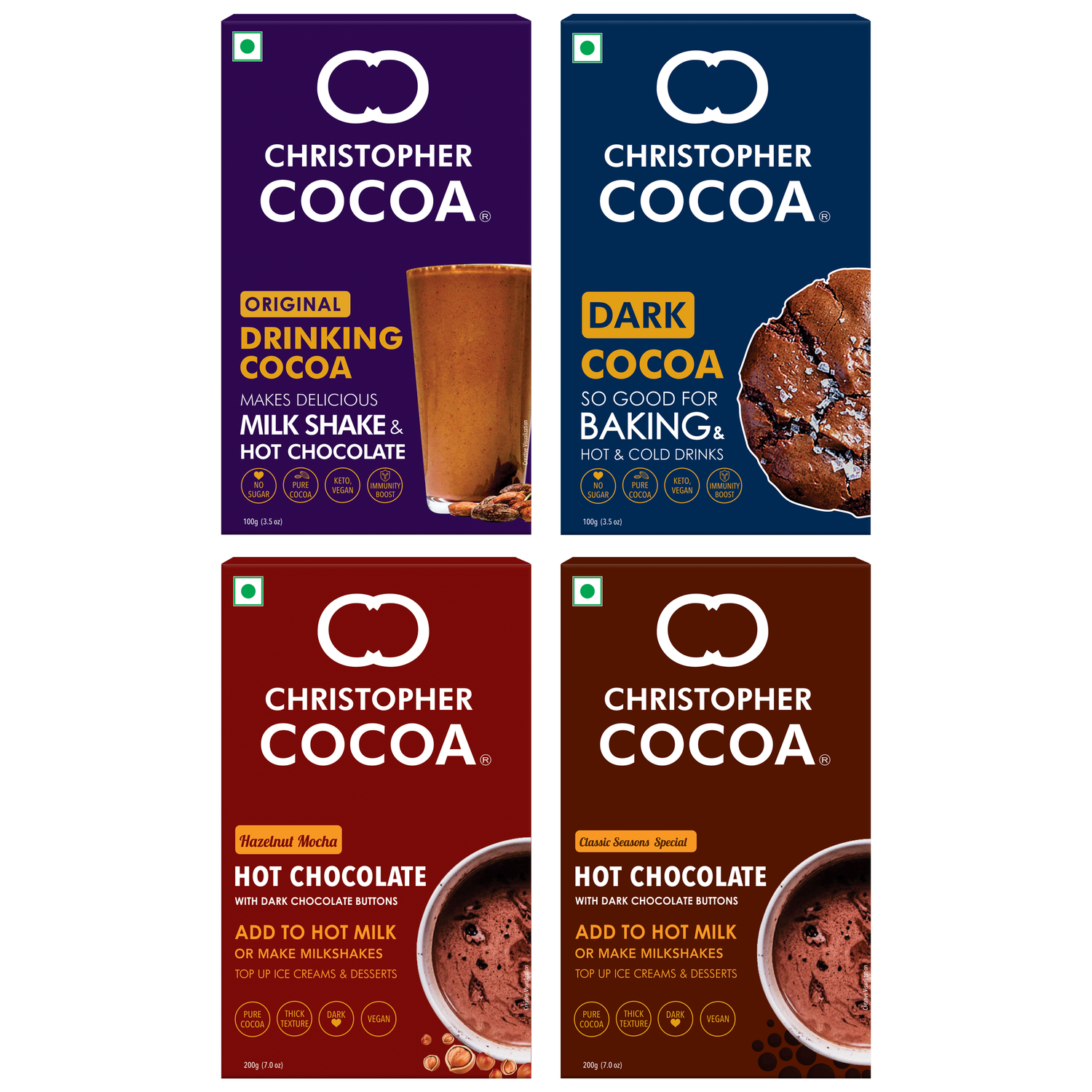 Drinking Cocoa 100g, Dark Cocoa 100g, Hot Chocolate with Dark Chocolate Buttons 200g, Hazelnut Mocha Hot Chocolate with Dark Chocolate Buttons 200g 