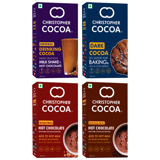 Drinking Cocoa 100g, Dark Cocoa 100g, Hot Chocolate with Dark Chocolate Buttons 200g, Hazelnut Mocha Hot Chocolate with Dark Chocolate Buttons 200g 