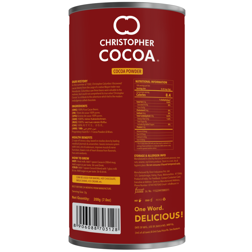 Natural Cocoa Powder, Unsweetend (Bake, Cake, Hot Chocolate, Drinking Shakes) 200g 