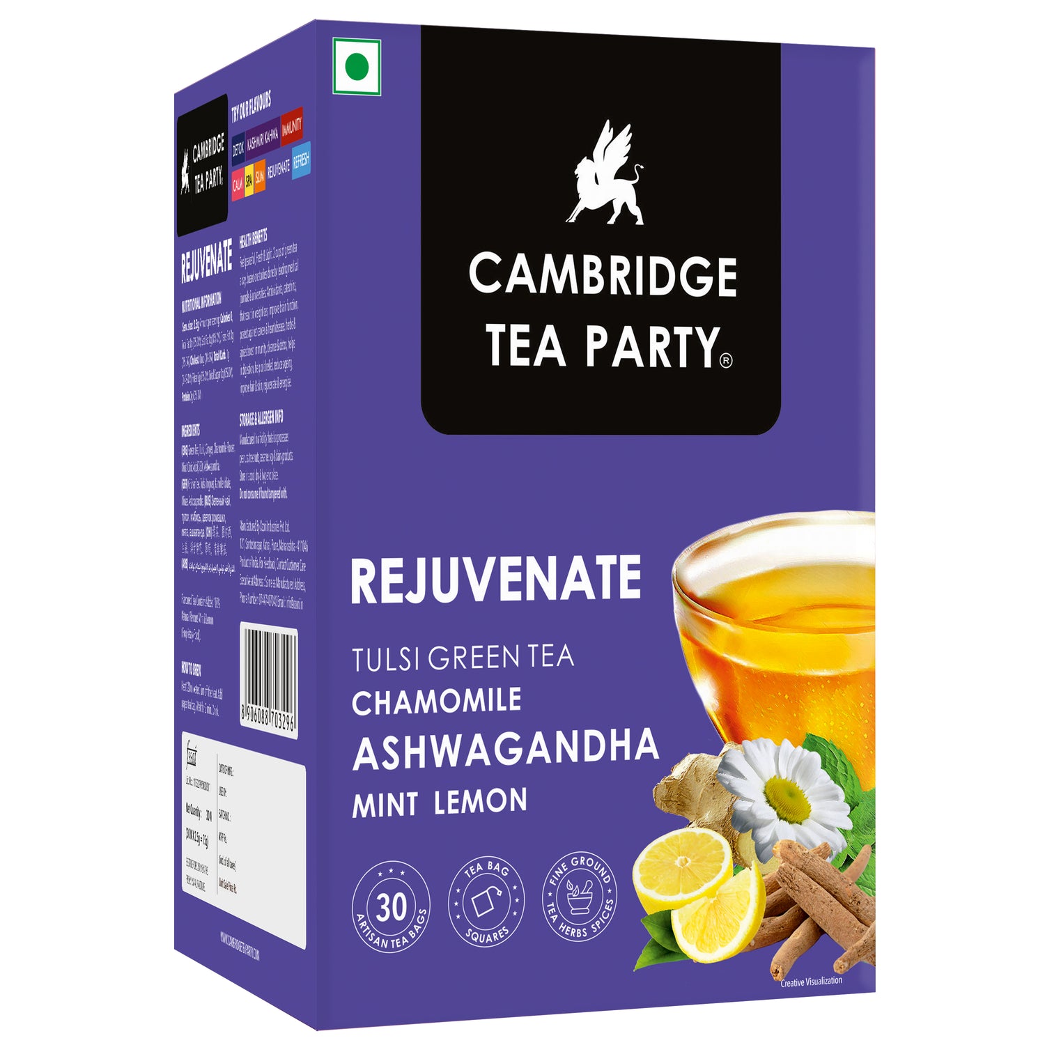 Rejuvenate 30 Tea Bags, Ashwagandha Chamomile Ginger Lemon Mint Tulsi Green Tea 