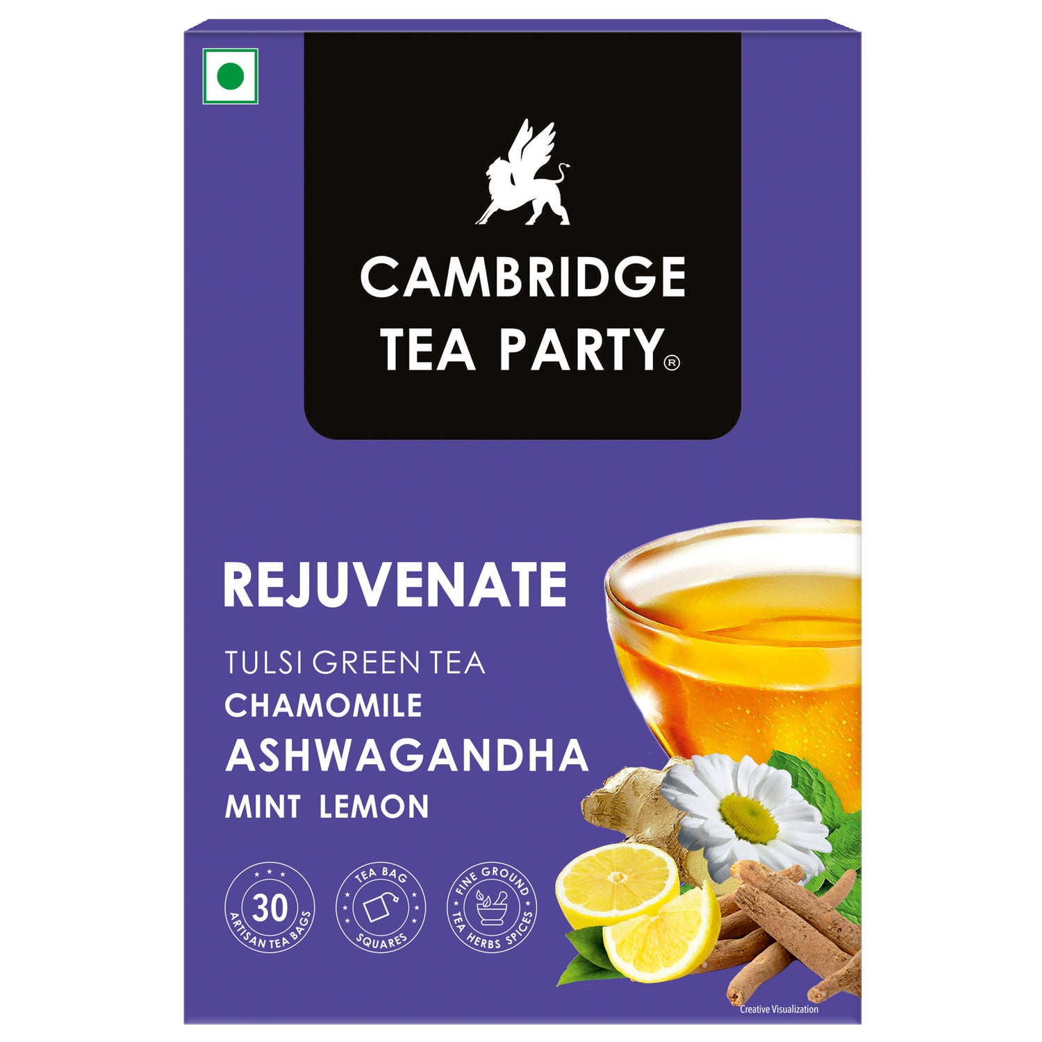 Rejuvenate 30 Tea Bags, Ashwagandha Chamomile Ginger Lemon Mint Tulsi Green Tea 