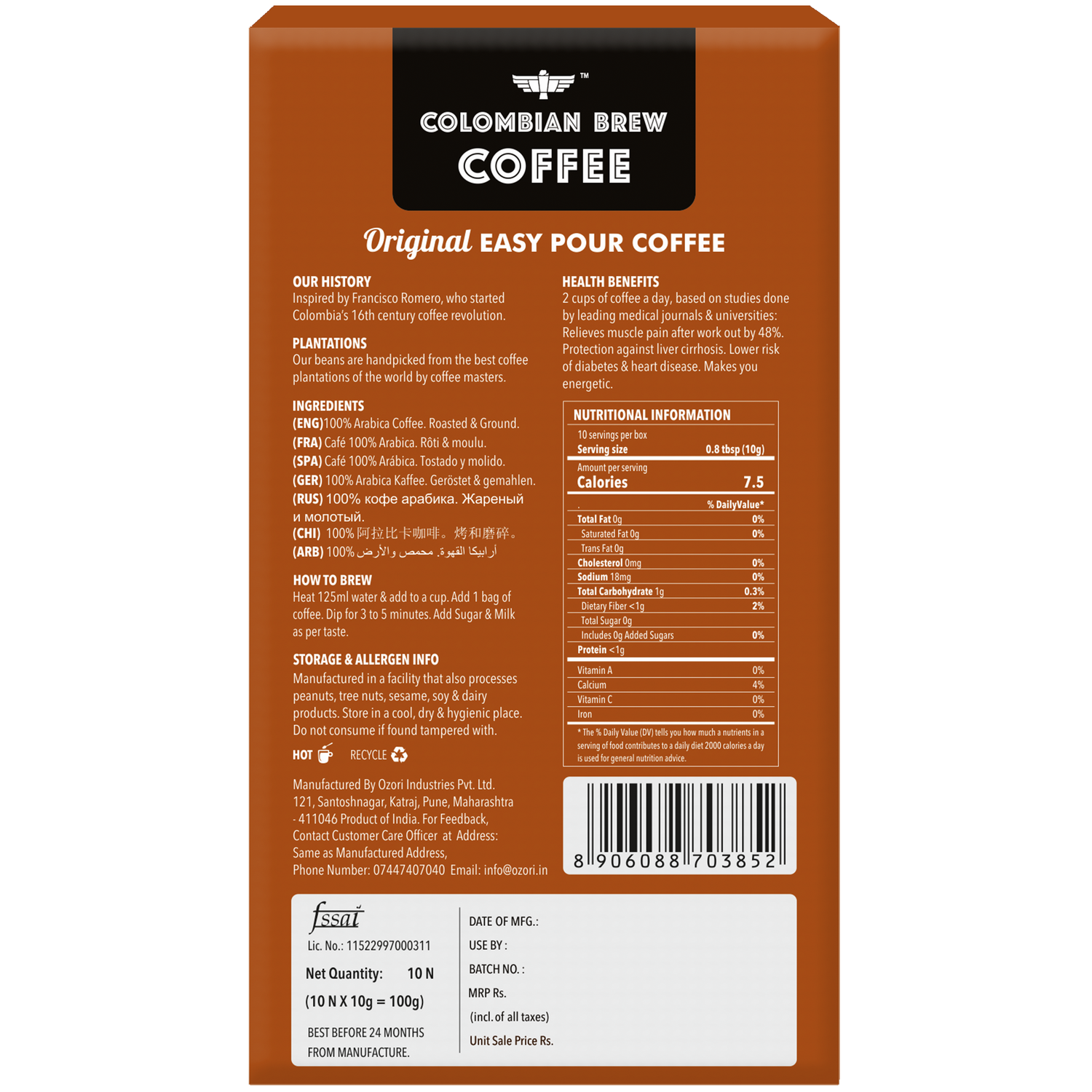 Colombian Brew Coffee  Original Easy Pour 10 Bags, 100g 