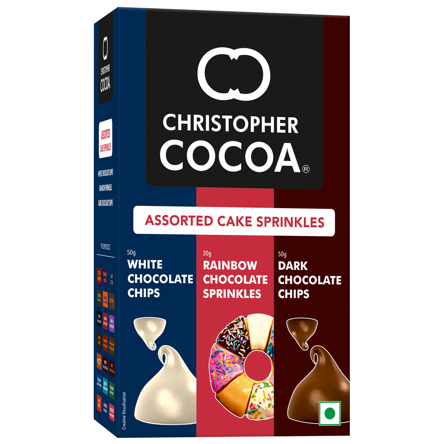 Christopher Cocoa Assorted Cake  Sprinkles Dark Chocolate Chips 50g, White Chocolate Chips 50g, Rainbow Chocolate sprinkles 30g  (Snack, Topping Ice Cream, Cakes, Baking) 