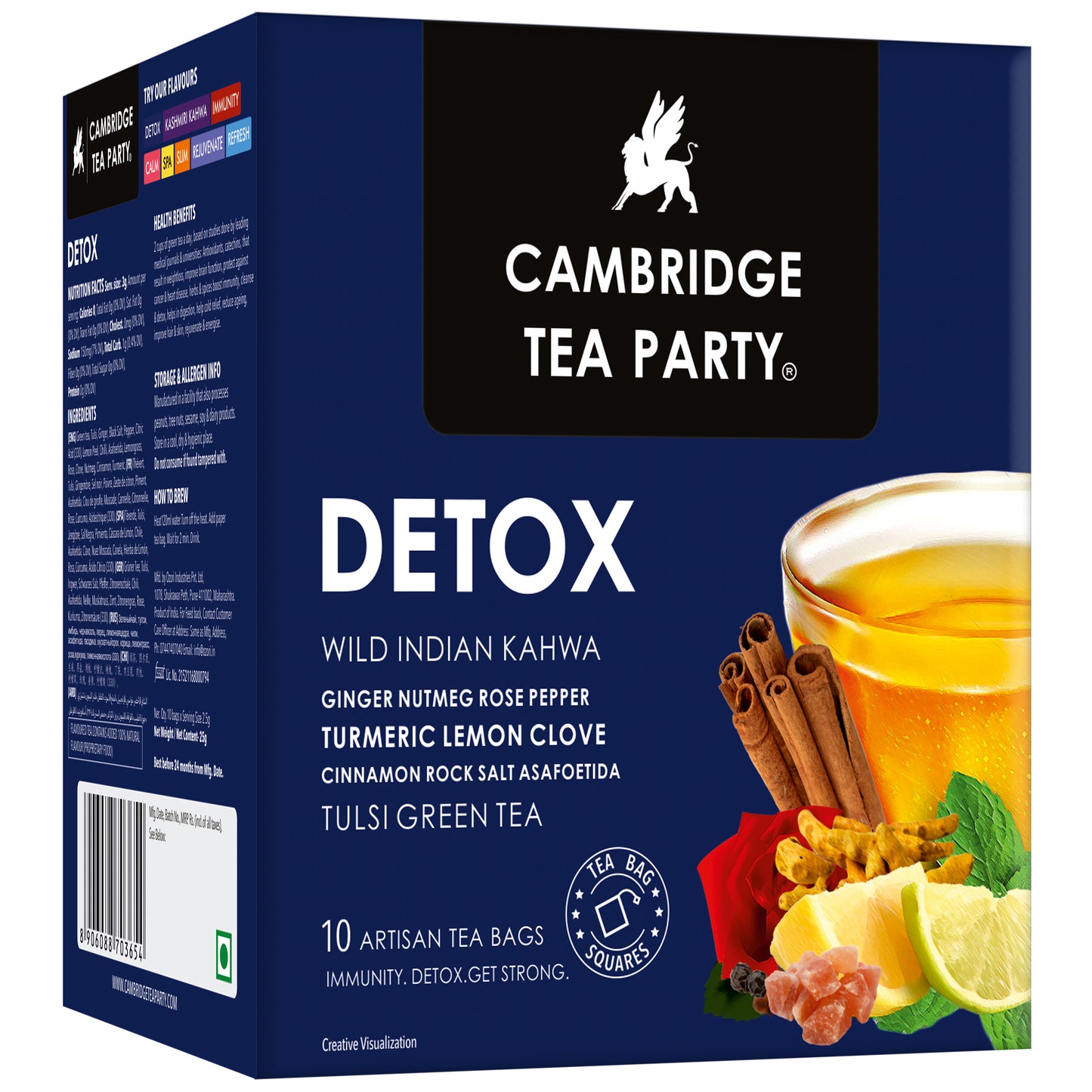 Detox, Wild Indian Kahwa, Turmeric Ginger Rose Lemon Clove Rock Salt Tulsi Green Tea, 10 Tea Bags 