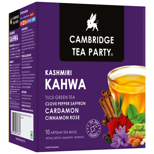 Kashmiri Kahwa, Saffron Almond Cardamom Clove Pepper Cinnamon Rose Tulsi Green Tea, 10 Tea Bags. 