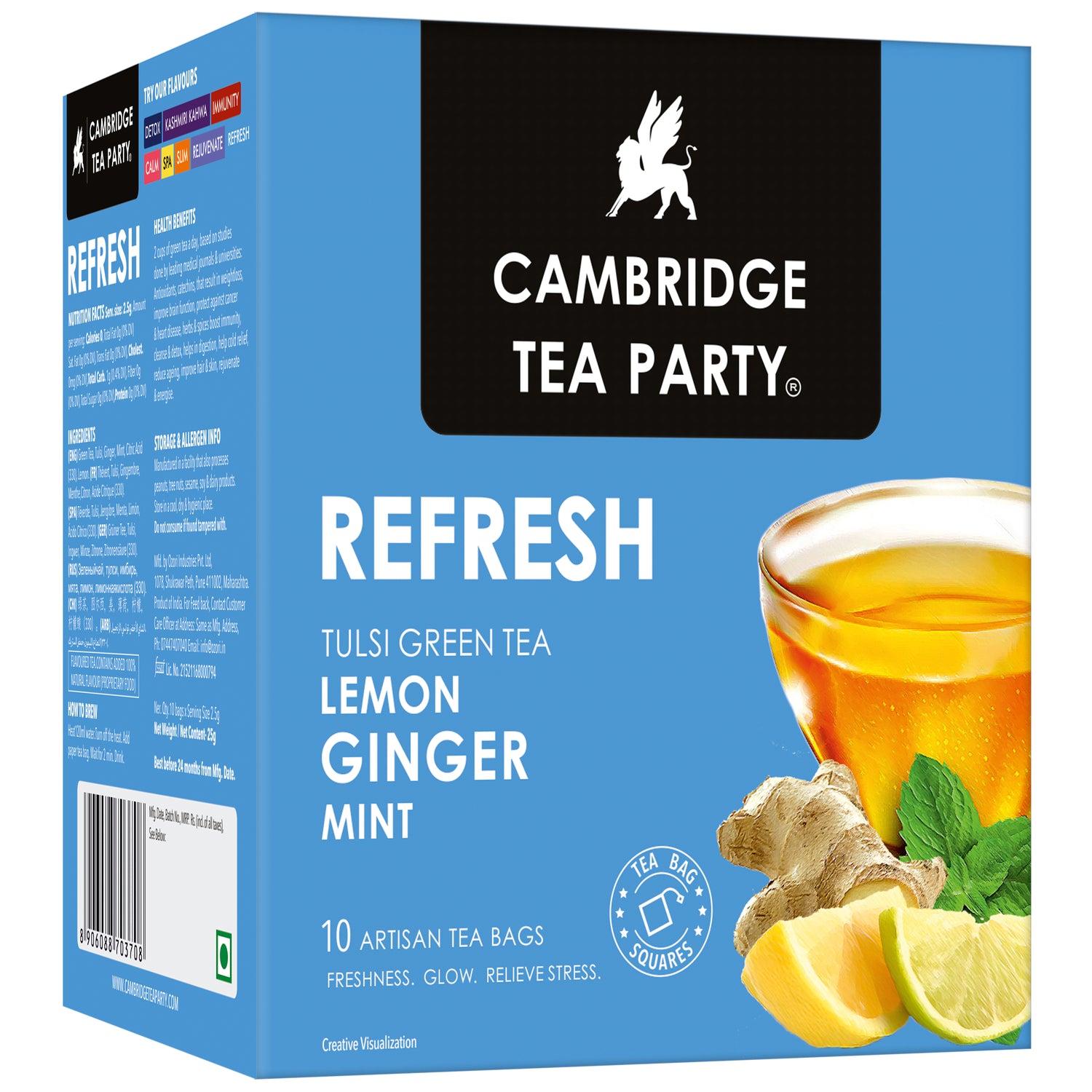 Refresh, Lemon Ginger Mint Tulsi Green Tea, 10 Tea Bags 