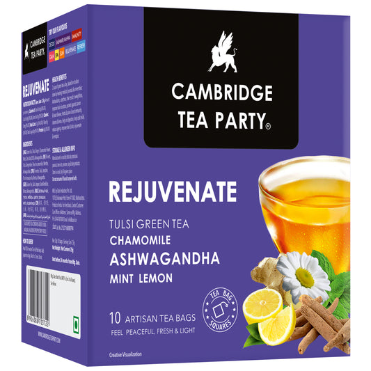 Rejuvenate, Ashwagandha Chamomile Ginger Lemon Mint Tulsi Green Tea, 10 Tea Bags 